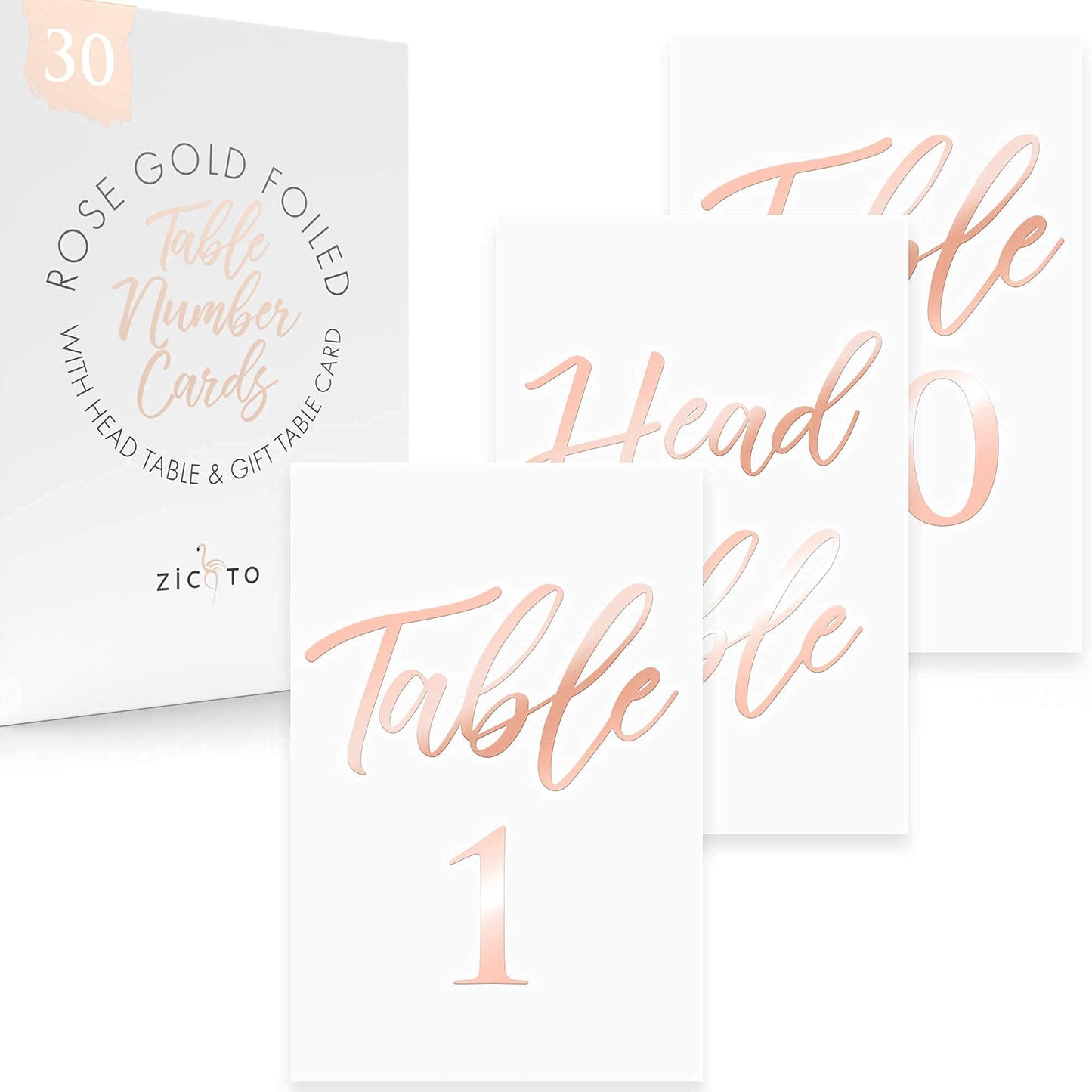 Beautiful Rose Gold Table Numbers for Wedding Reception in Double Sided Rose Gold Foil Lettering with Head Table Card - 4 x 6 inches and Numbered 1-30 - Perfect for Wedding Reception and Events