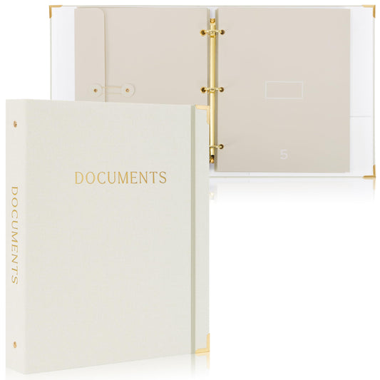 Aesthetic Document Organizer - Sturdy Linen 3-Ring Binder Safely Stores All Your Important Documents and Files in One Place - Easy to Use Expanding Storage Folder Incl. Envelopes, Pockets & Labels