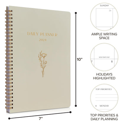 Beautiful 2024 Daily Planner - 7" x 10" Daily Planner for Women or Men with Weekly & Monthly Spreads for Easy Planning - Perfect Calendar Book To Organize All Tasks and Boost Productivity