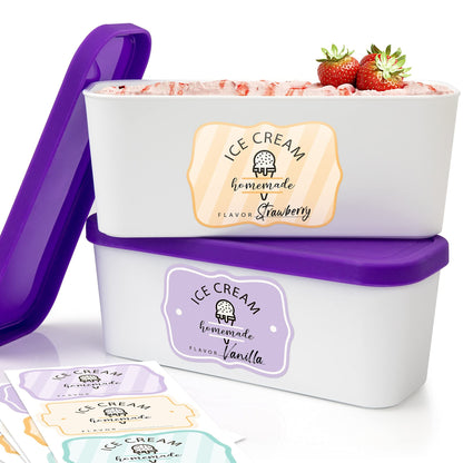 Set of 2 Reusable Ice Cream Tub Containers 1.6 Quart Ea. - Perfect for Homemade Sorbet, Frozen Yogurt Or Gelato - Stackable Storage Containers, Stickers And Lids Stores Easily In Freezer