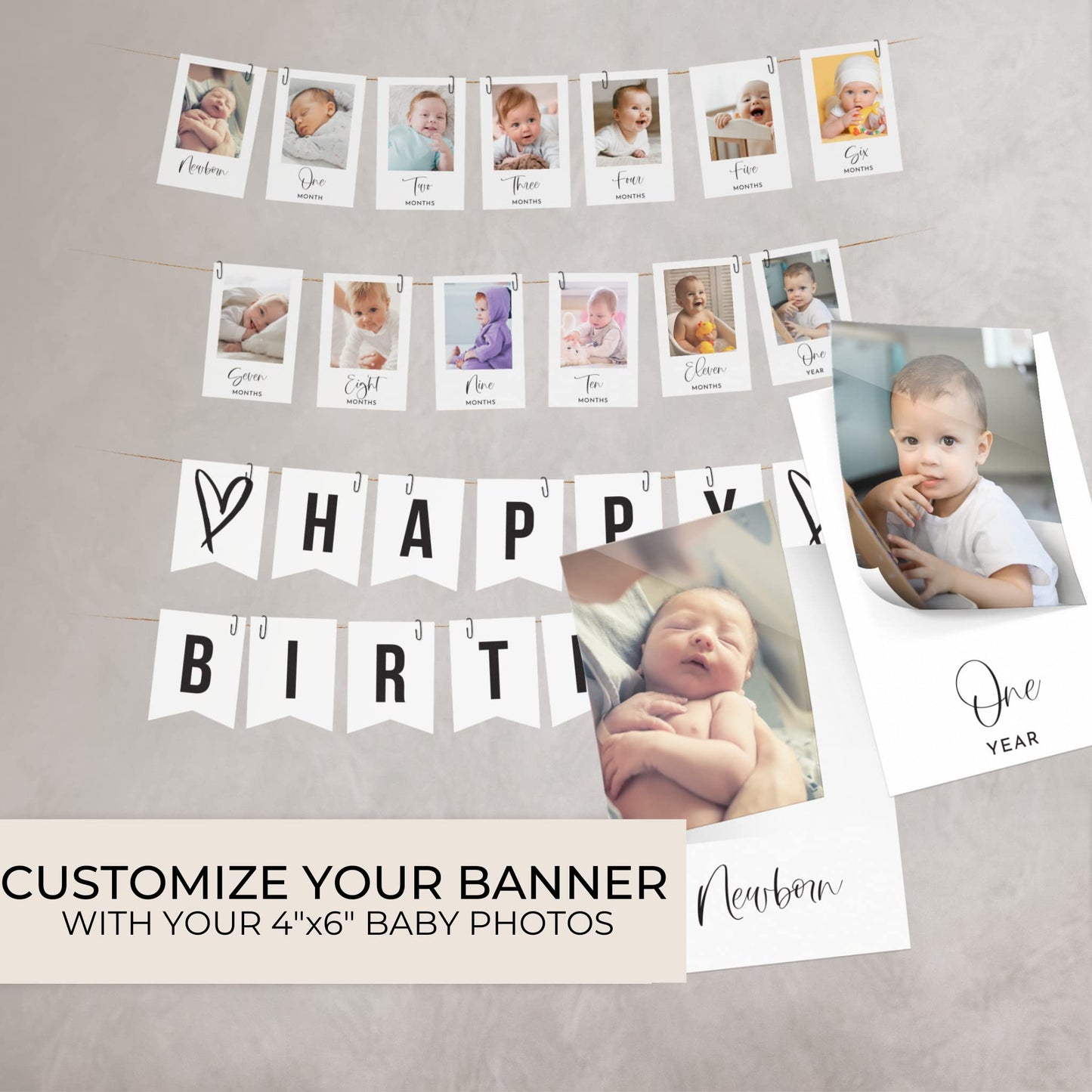 Beautiful 1st Birthday Photo Banner From Newborn to 12 Months - The Perfect Party Decoration for Your Baby Girls or Boys First Birthday - 13 Reversible Milestone Cards From Newborn to 13 Years