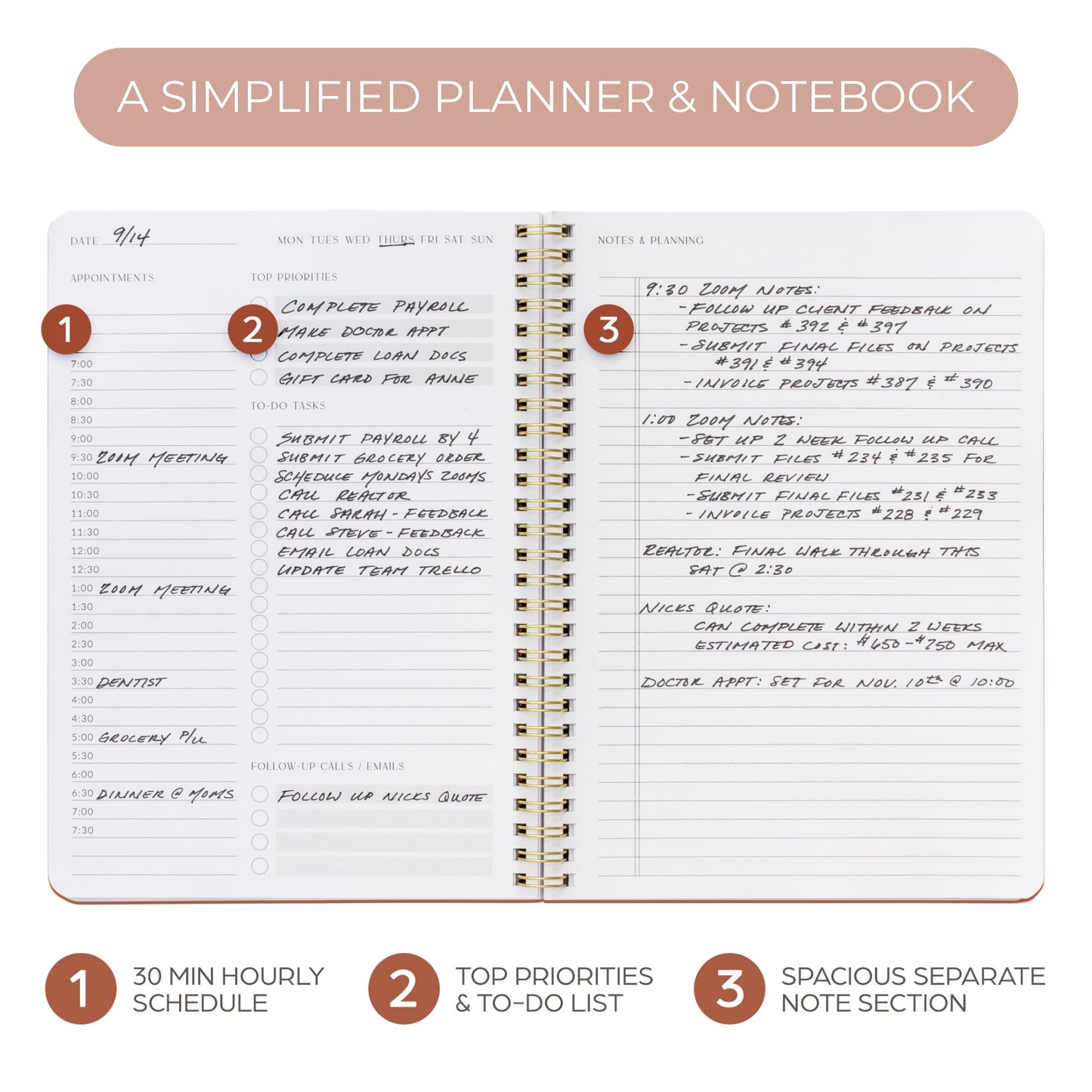 Simplified Daily Planner And Notebook With Hourly Schedule - Aesthetic Spiral To do List Notepad to Easily Organize Your Tasks And Appointments - Stylish Book And School Or Office Supplies For Women