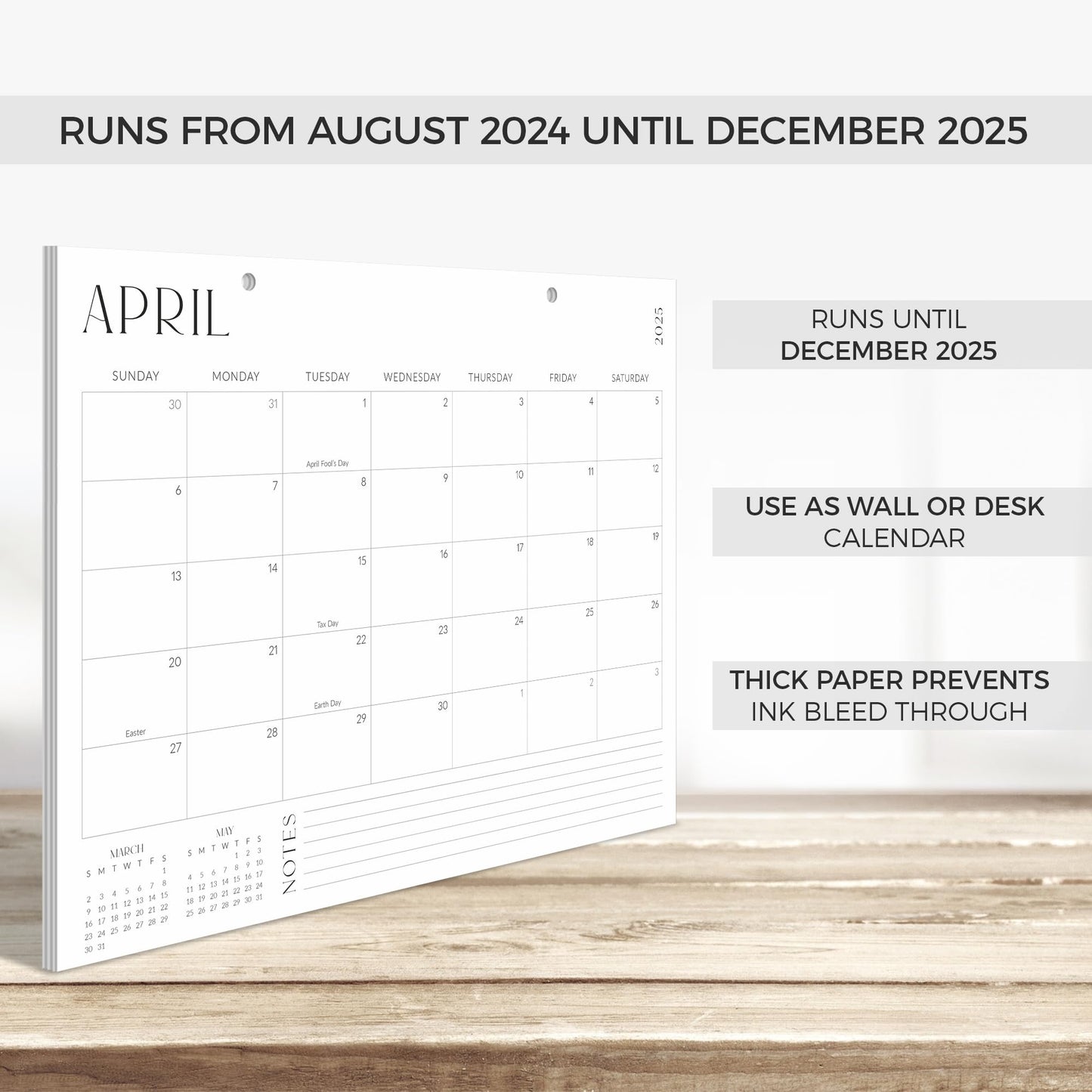 Aesthetic Desk Calendar 2024-2025 - Runs from August 2024 Until December 2025 - Minimalistic Office Desktop/Wall Calendar 16"x12" for Easy Organizing