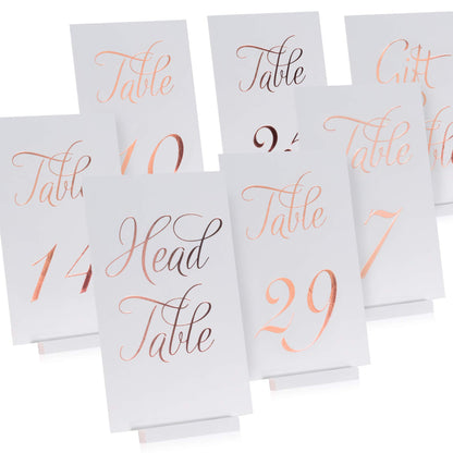 Gorgeous Wedding Table Numbers - Elegant Double Sided Rose Gold Foil Lettering with Head and Gift Table Card - 4 x 6 inches and Numbered 1-30 - Perfect for Weddings and Events