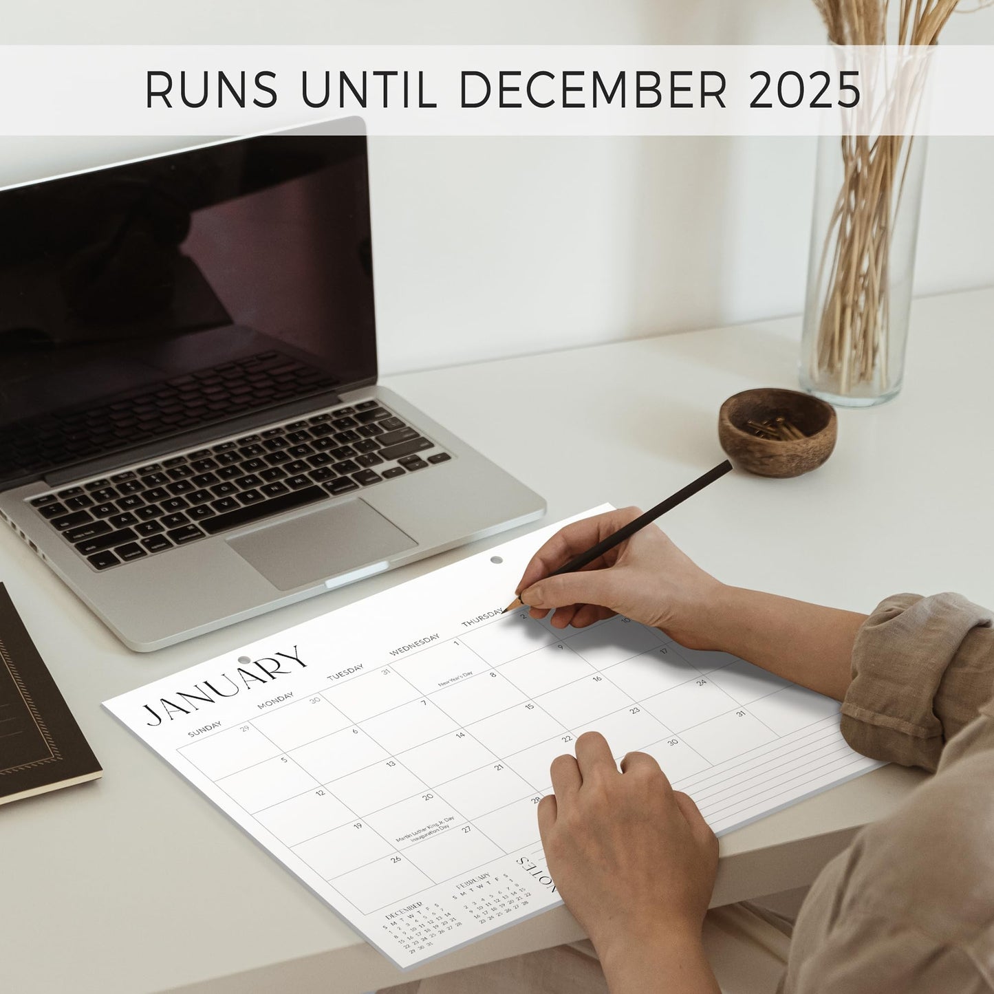 Aesthetic Desk Calendar 2024-2025 - Runs from August 2024 Until December 2025 - Minimalistic Office Desktop/Wall Calendar 16"x12" for Easy Organizing