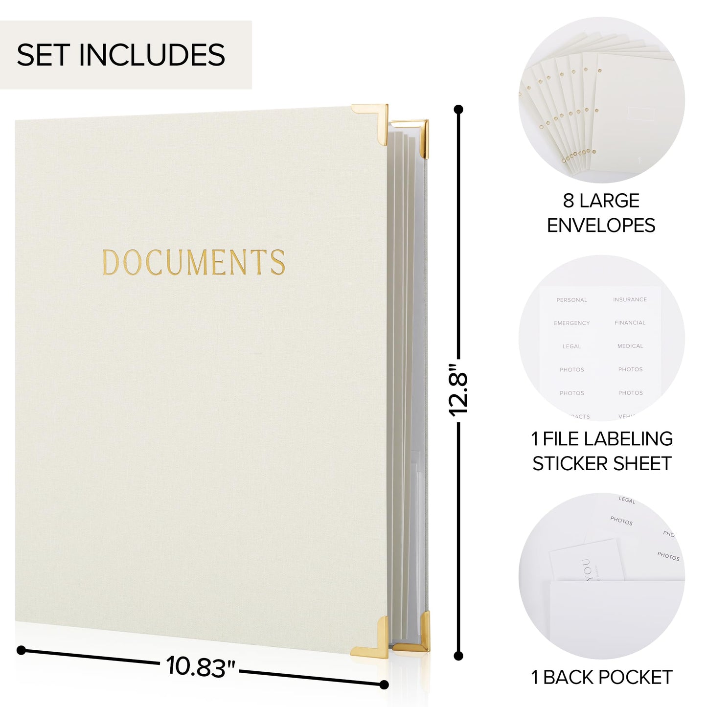 Aesthetic Document Organizer - Sturdy Linen 3-Ring Binder Safely Stores All Your Important Documents and Files in One Place - Easy to Use Expanding Storage Folder Incl. Envelopes, Pockets & Labels