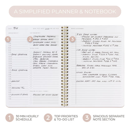 Simplified Daily Planner And Notebook With Hourly Schedule - Aesthetic Spiral To do List Notepad to Easily Organize Your Tasks And Appointments - Stylish Book And School Or Office Supplies For Women