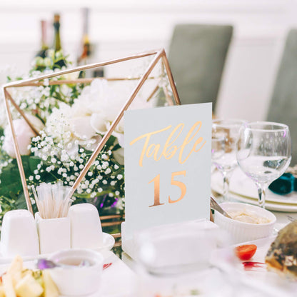 Beautiful Rose Gold Table Numbers for Wedding Reception in Double Sided Rose Gold Foil Lettering with Head Table Card - 4 x 6 inches and Numbered 1-30 - Perfect for Wedding Reception and Events