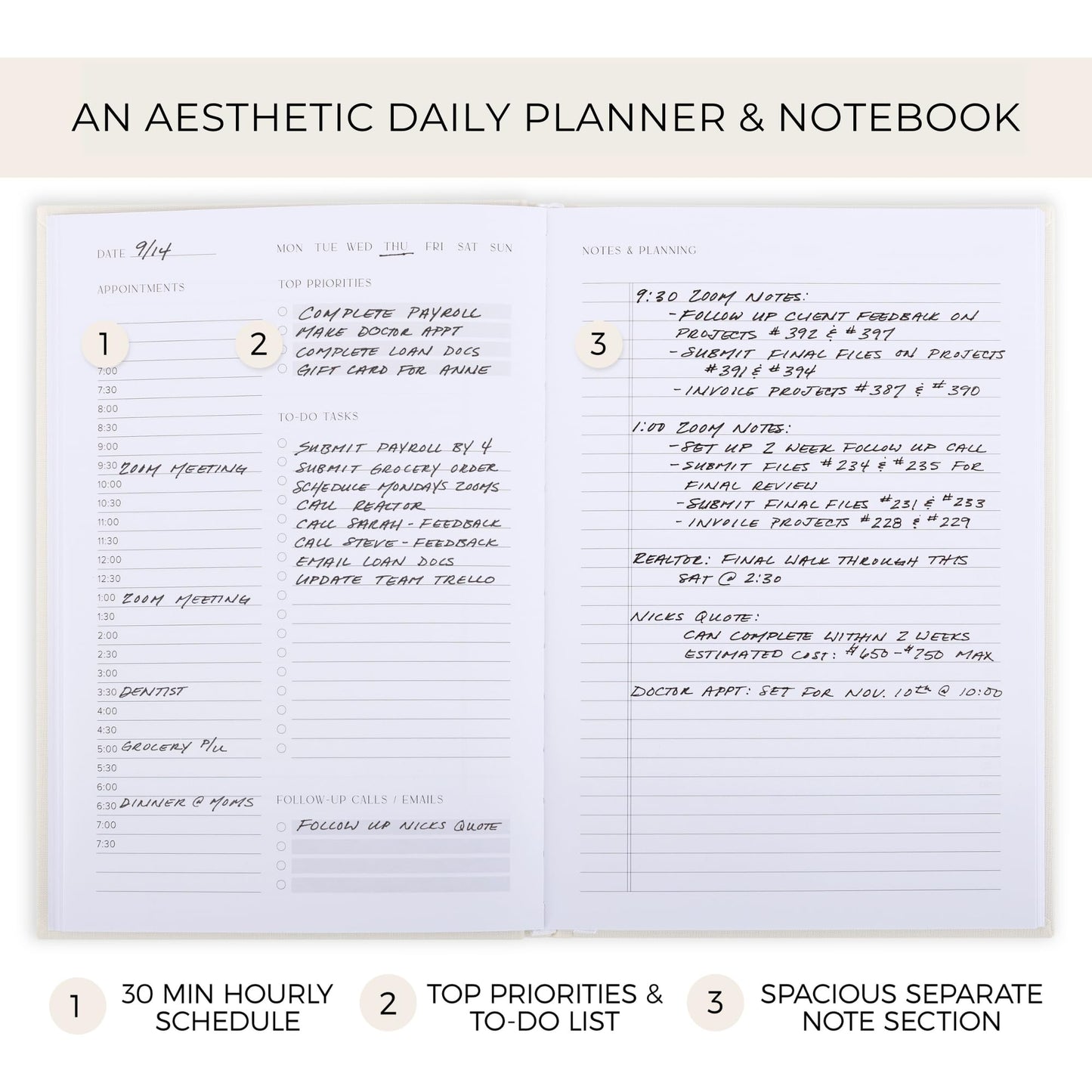 Aesthetic Daily Planner And Notebook With Hourly Schedule - Modern Hardcover To do List Notepad to Easily Organize Your Work Tasks And Appointments - The Perfect Book for School & Office Supplies