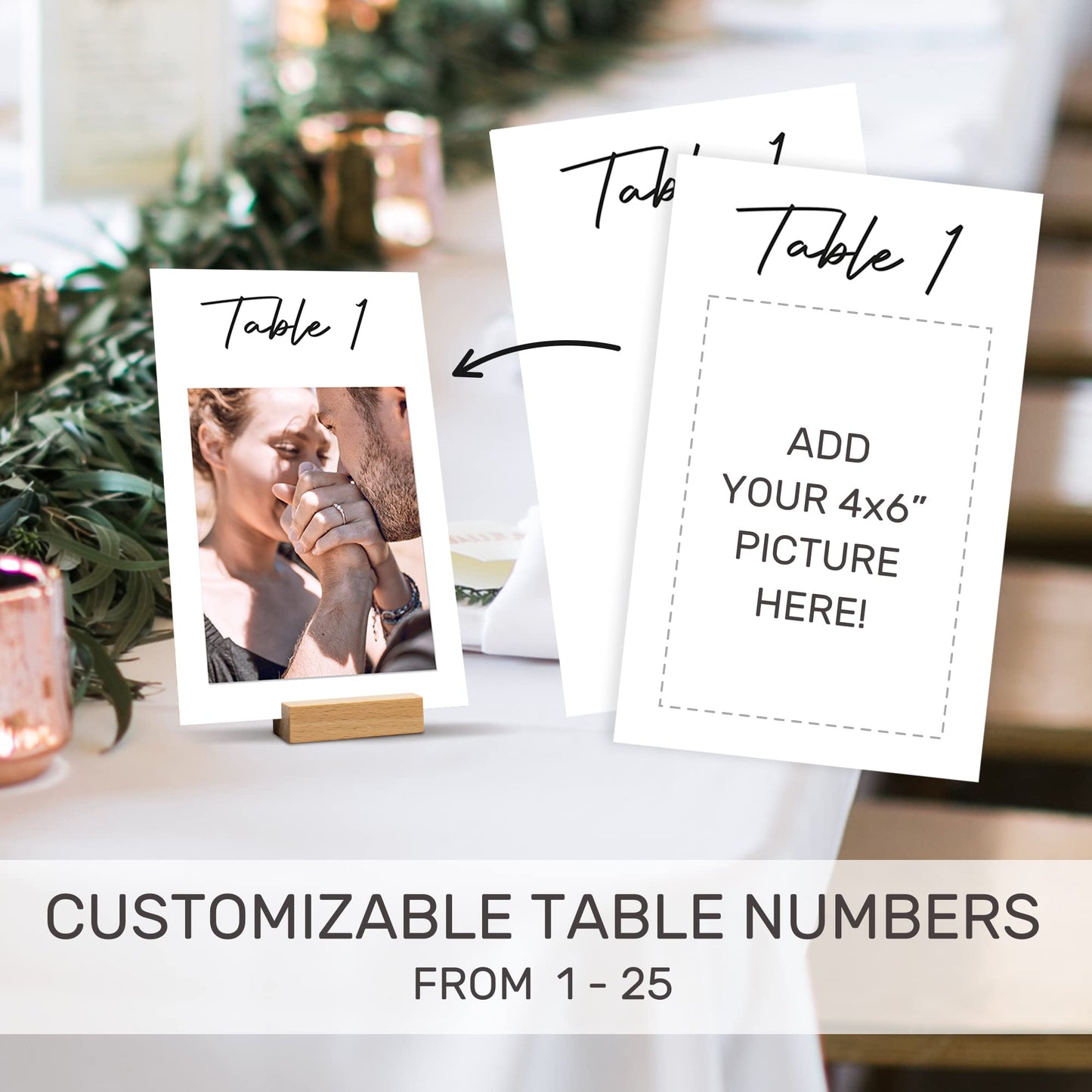 Gorgeous Photo Wedding Table Number Cards w/ Space For Personal Photos - Modern Double Sided Cards for Personal 4x6" Photos That Add a Personal Touch to Your Wedding - Black Lettering & Numbered 1-25