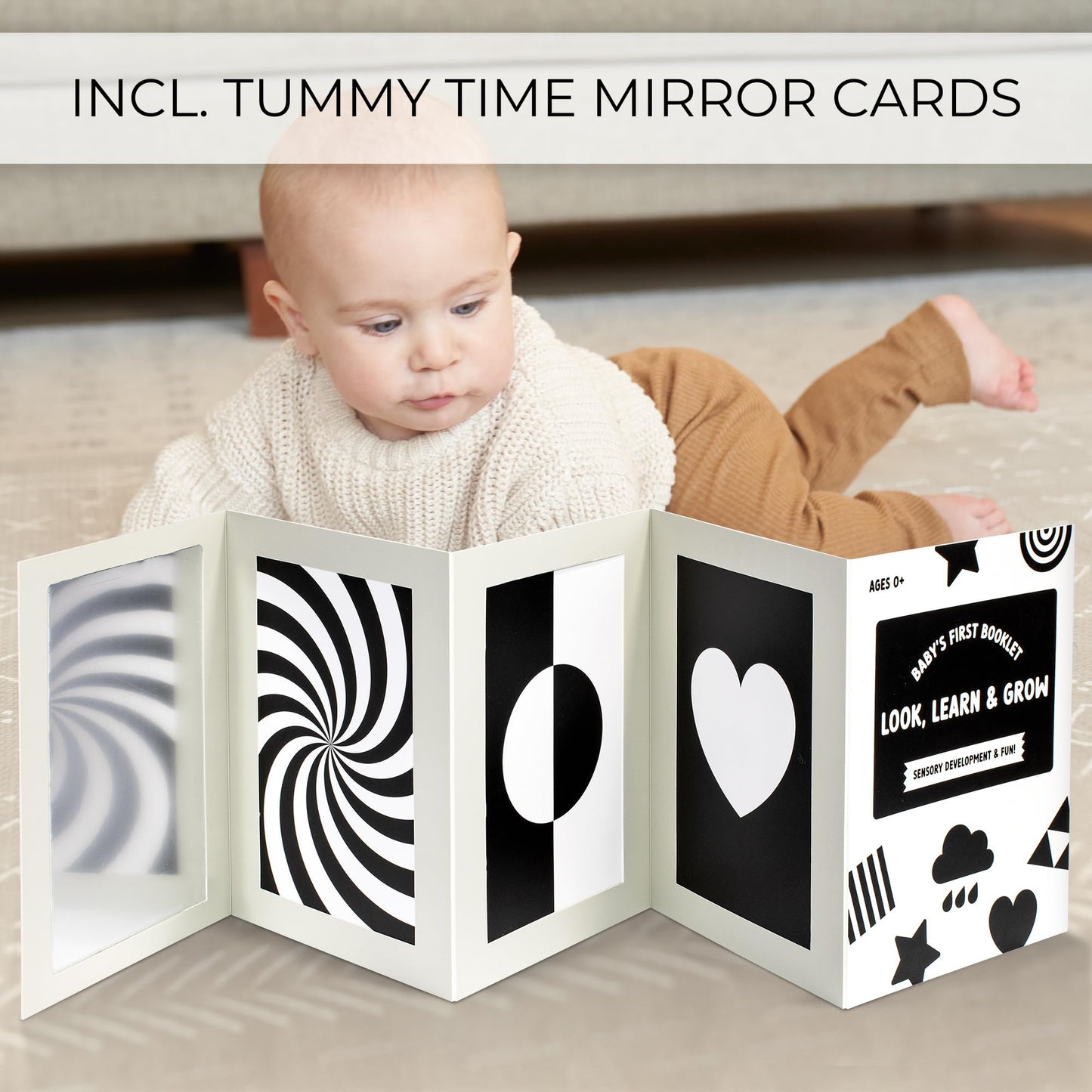 High Contrast Tummy Time Toy For Baby With Large Black and White Cards - Stimulating Sensory Development Boards & Mirror For Babies & Infants 0-3 Months - Twelve Montessori Patterns That Newborns Love