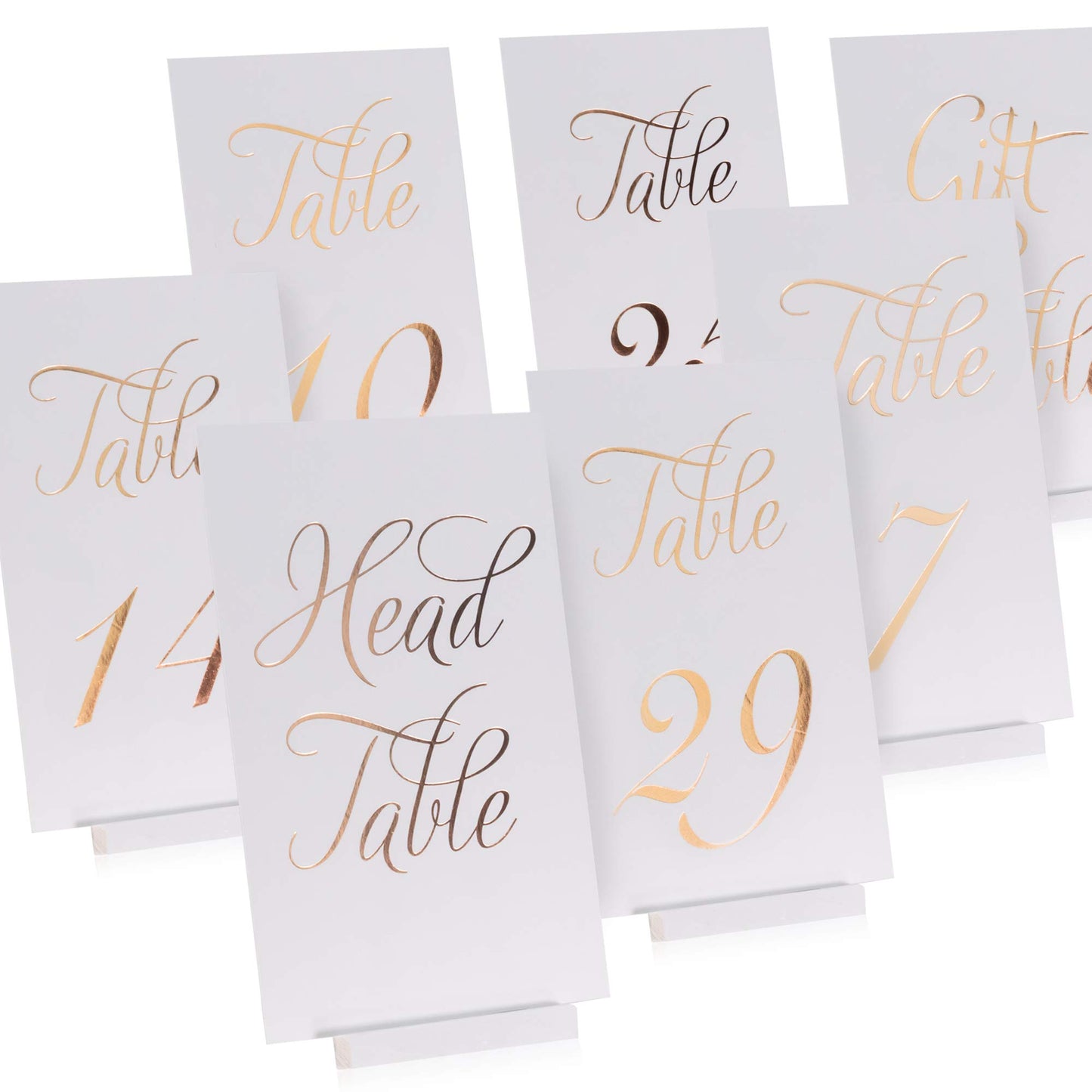 Gorgeous Wedding Table Numbers - Elegant Double Sided Rose Gold Foil Lettering with Head and Gift Table Card - 4 x 6 inches and Numbered 1-30 - Perfect for Weddings and Events