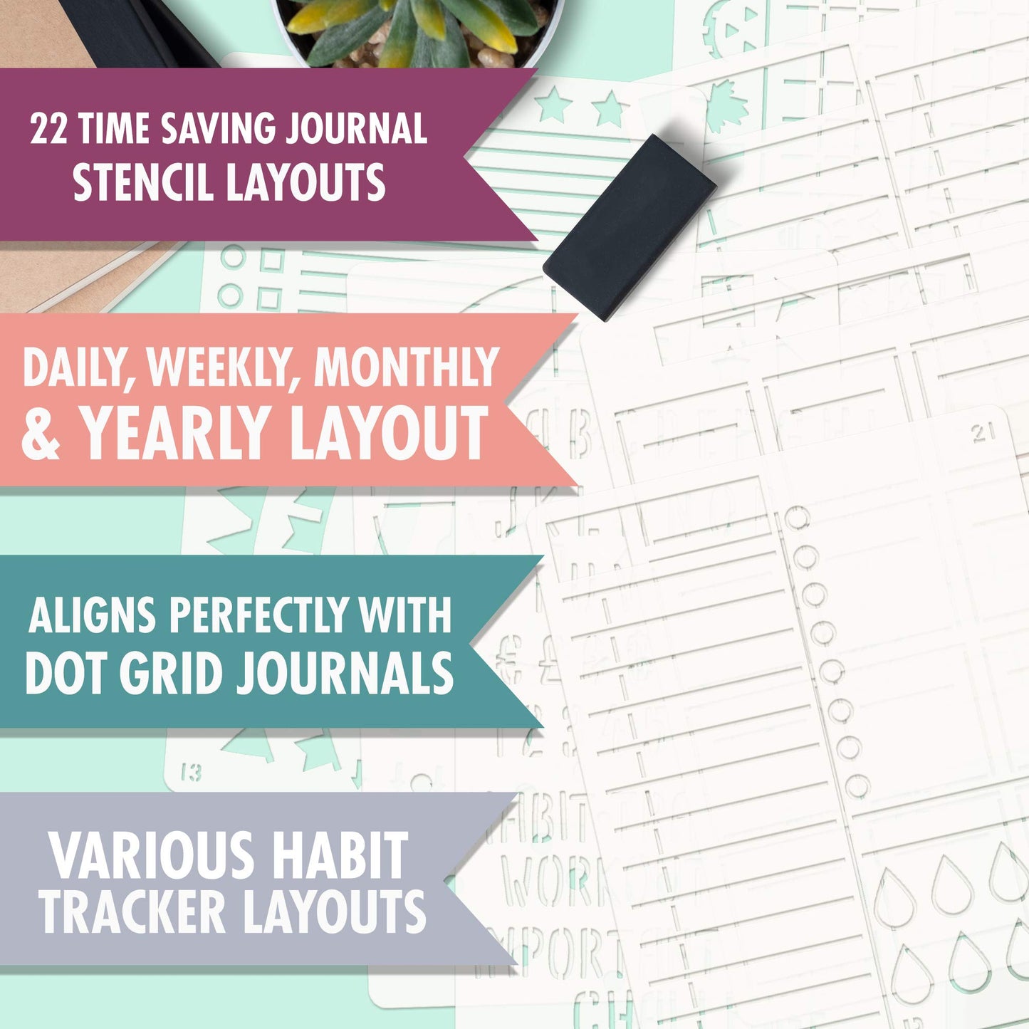 Easy to Use Stencil Set for Dotted Journals - Time Saving Planner Accessories/Supplies Kit Makes Creating Layouts Easy - Incl. Bullet Point Checklists, Daily/Weekly/Monthly Calendars