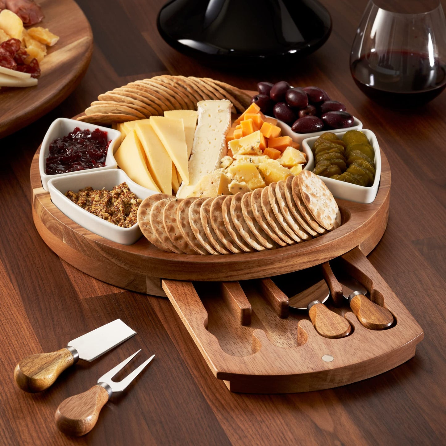 Premium Charcuterie Cutting Board Set - Cheese Board Set and Serving Platter - 13 inch Meat/Cheese Board w/Knife Set incl 4 Knives and 4 Bowls Server Plate