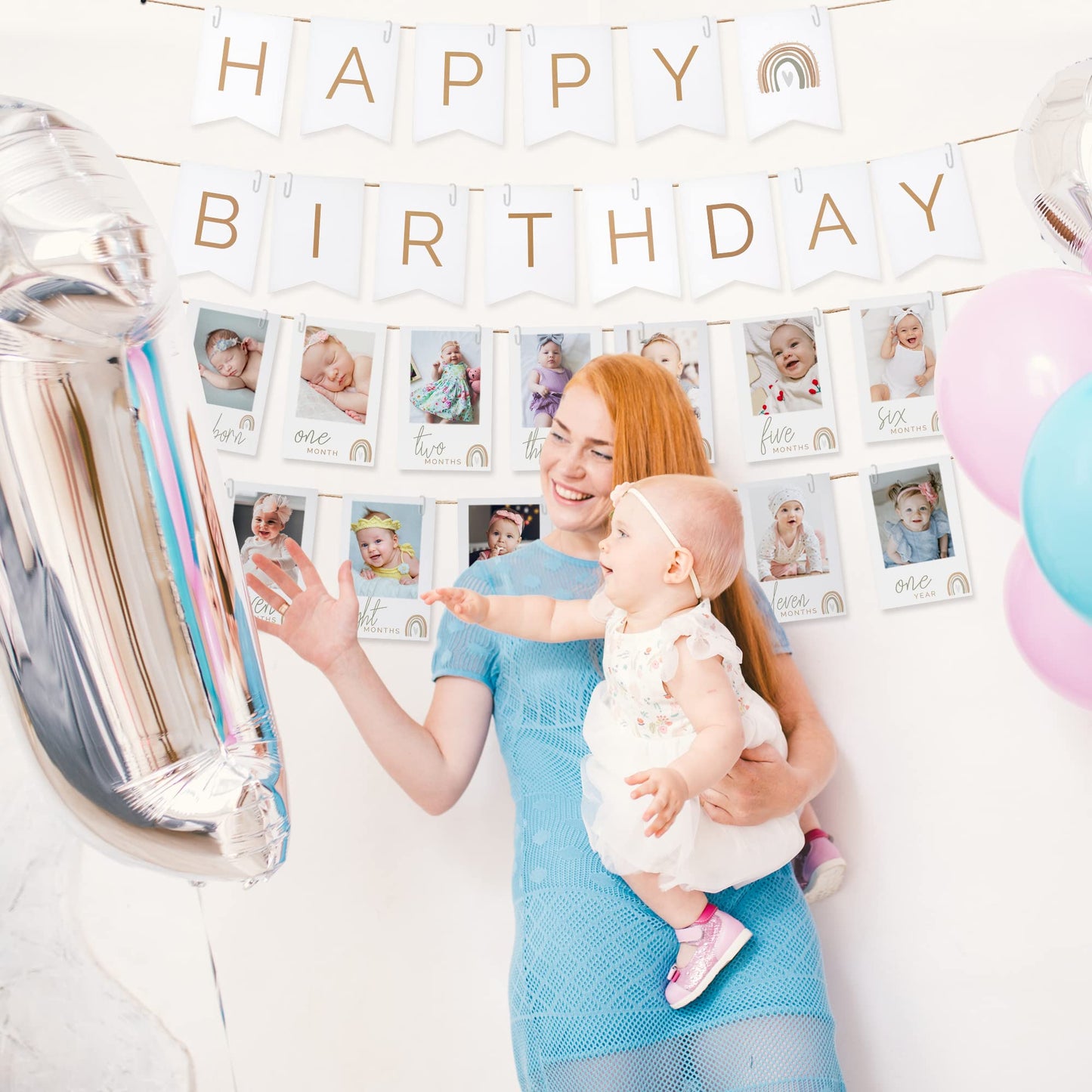 Beautiful 1st Birthday Photo Banner Set From Newborn to 12 Months - The Perfect Party Decoration for Your Baby Girls First Birthday Party - 13 Reversible Milestone Cards From Newborn to 13 Years