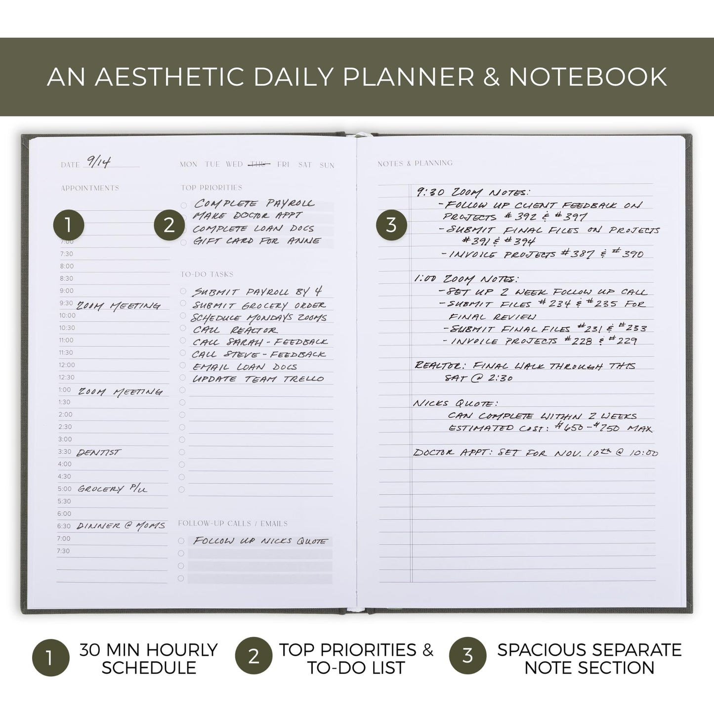 Aesthetic Daily Planner And Notebook With Hourly Schedule - Modern Hardcover To do List Notepad to Easily Organize Your Work Tasks And Appointments - The Perfect Book for School & Office Supplies