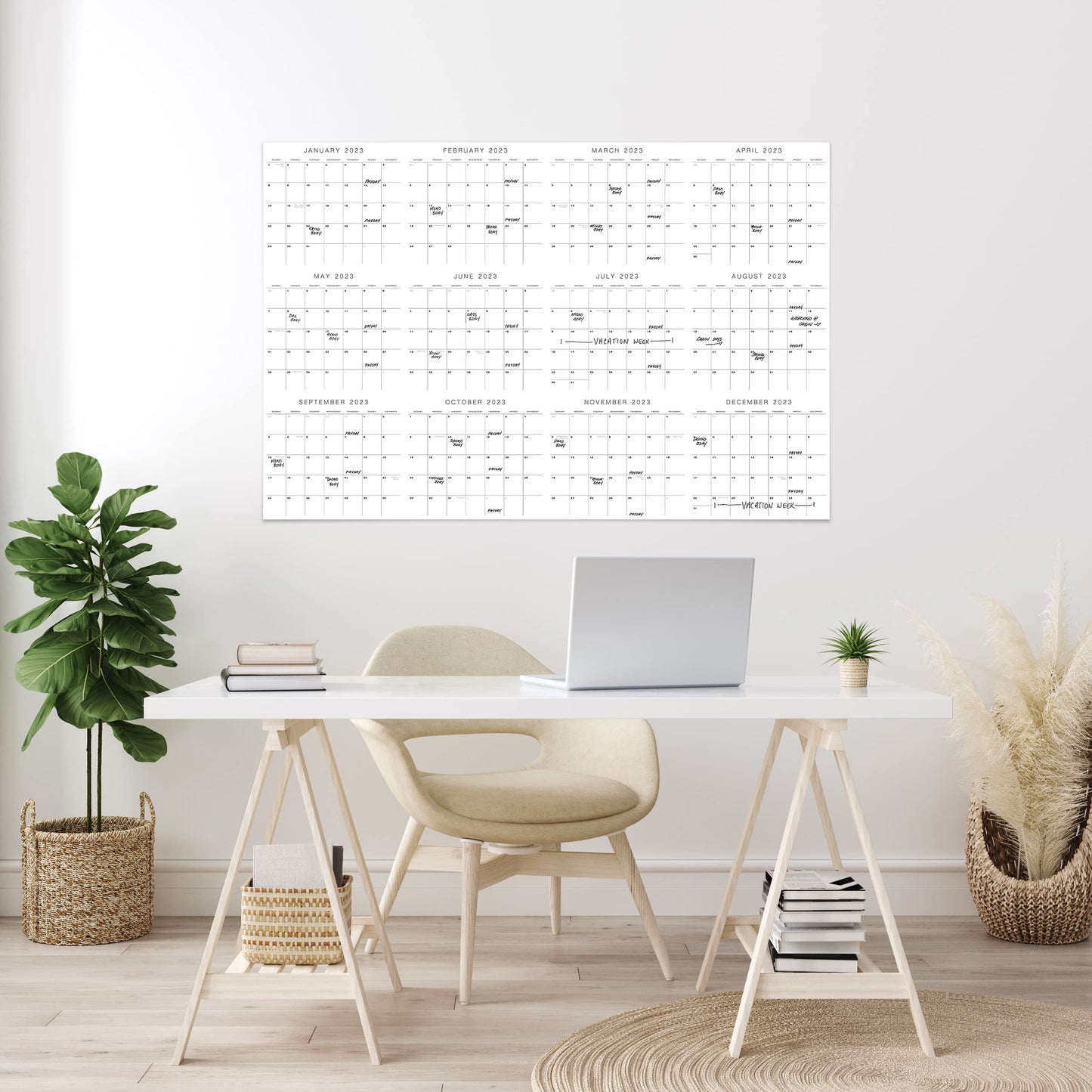 Simplified 2023 Yearly Wall Calendar - Double Sided Large 24" x 36” Calendar For Easy Vertical or Horizontal Yearly Planning - The Perfect Minimalist Calendar For Your Office & Home Wall black/white