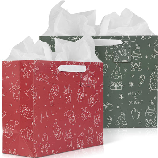 ZICOTO Beautiful Christmas Gift Bags - Large 13" Bags with Handles incl. Matching Tissue Paper, Cards & Stickers - Reusable and Perfect For Your Xmas Presents