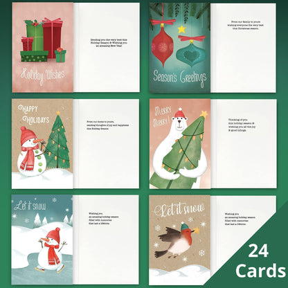 ZICOTO Beautiful Christmas Cards Set of 24 - Incl. Bulk Envelopes, Matching Stickers And Storage Box - Perfect to Send Warm Holiday Wishes to Friends and Family