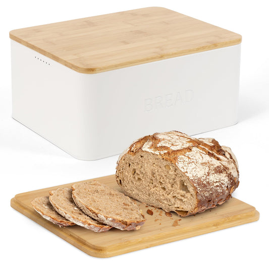 Beautiful Bread Box With Wooden Lid For Your Kitchen Countertop - Spacious Container Perfectly Stores Your Homemade Bread, English Muffins & Bagels - Quality Cutting Board Lid Keeps Your Bread Fresh