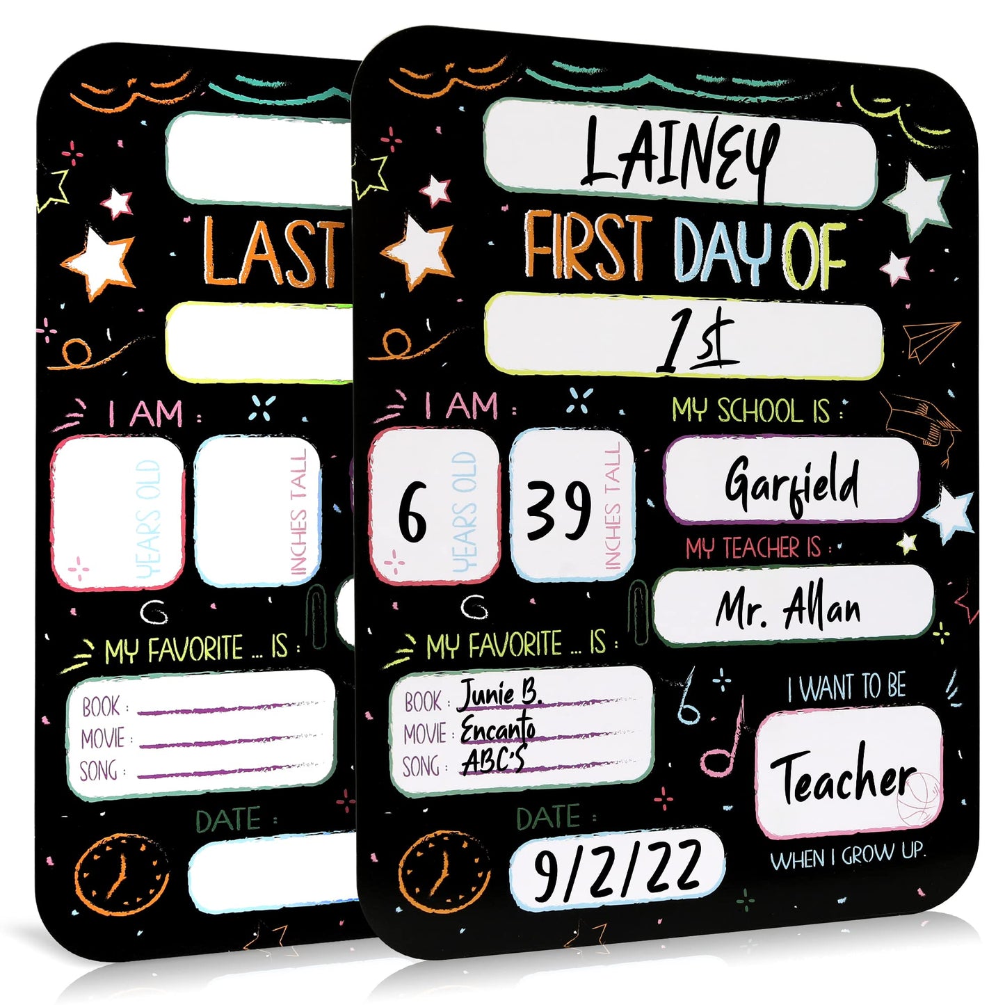 Beautiful First and Last Day of School Board Signs Set of 12 - Reversible 12" x 9" Back to School Cards for Lasting Memories - Perfect Photo Prop Chalkboard Prints for Kindergarten or School