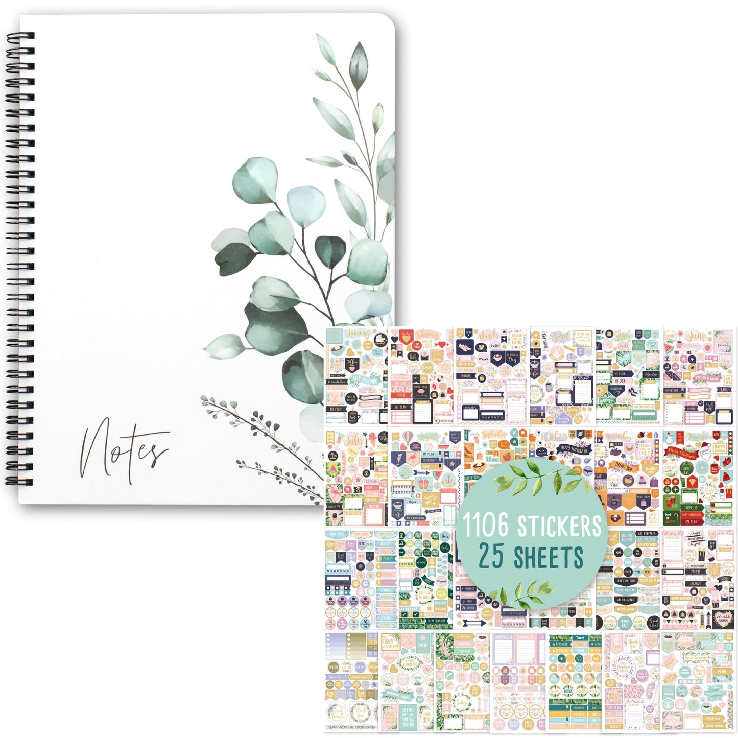 Aesthetic Planner Stickers and Spiral Notebook Journal Bundle - 1100+ Stunning Scrapbook Stickers and College Ruled Notebook to Stay Organized at Work or School