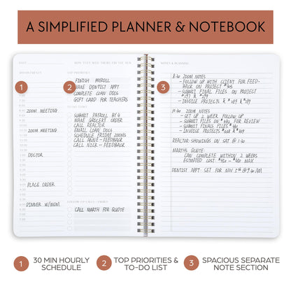 ZICOTO Simplified Daily Planner And Notebook With Hourly Schedule - Aesthetic Spiral To do List Notepad to Easily Organize Your Work Tasks And Appointments - The Perfect Office Supplies For Women