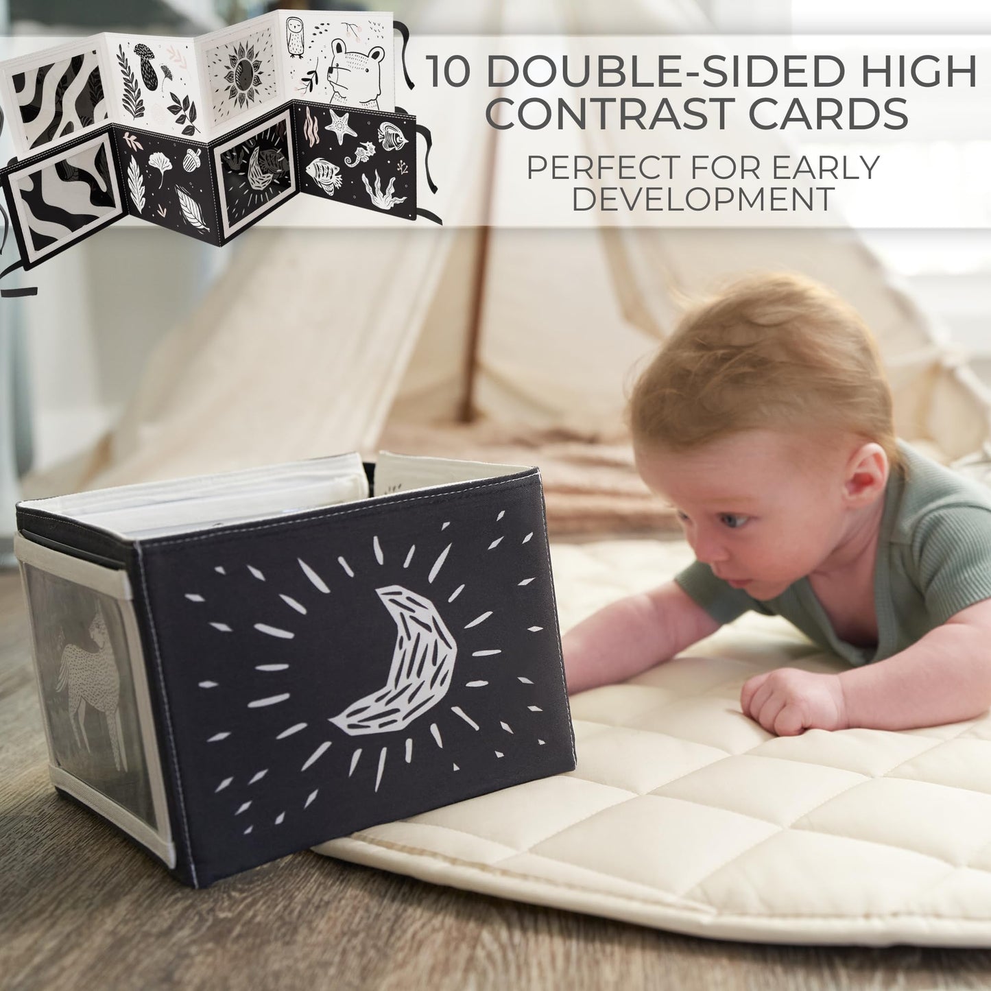 Soft Tummy Time Book w/ Stimulating Baby Safe Mirror - Fun High Contrast Montessori Toy w/ Crinkle Filling & 10 Double Sided Cards - Perfect Black & White Toy For Safe Early Newborn/Infant Development