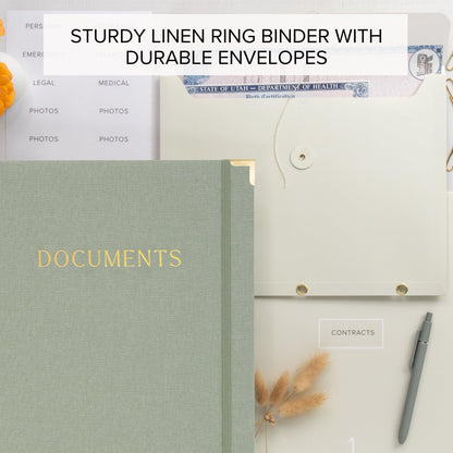 Aesthetic Document Organizer - Sturdy Linen 3-Ring Binder Safely Stores All Your Important Documents and Files in One Place - Easy to Use Expanding Storage Folder Incl. Envelopes, Pockets & Labels