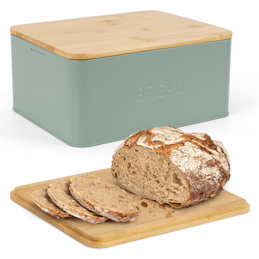 Beautiful Bread Box With Wooden Lid For Your Kitchen Countertop - Spacious Container Perfectly Stores Your Homemade Bread, English Muffins & Bagels - Quality Cutting Board Lid Keeps Your Bread Fresh