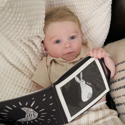 Soft Tummy Time Book w/ Stimulating Baby Safe Mirror - Fun High Contrast Montessori Toy w/ Crinkle Filling & 10 Double Sided Cards - Perfect Black & White Toy For Safe Early Newborn/Infant Development