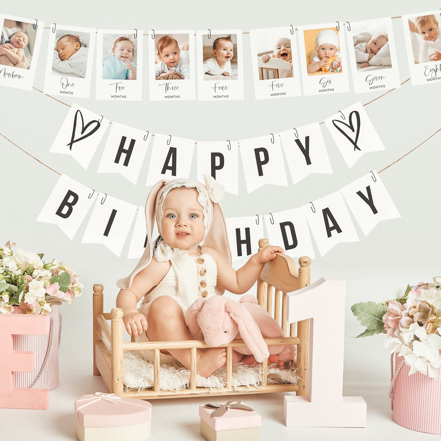 Beautiful 1st Birthday Photo Banner From Newborn to 12 Months - The Perfect Party Decoration for Your Baby Girls or Boys First Birthday - 13 Reversible Milestone Cards From Newborn to 13 Years