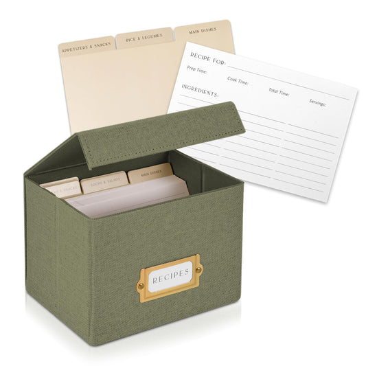 Beautiful Linen Recipe Box Set - Incl. 50x 4x6 inch Recipe Cards and Matching Dividers to Easily Organize Up to 250 Recipes - A Sturdy Card Holder And Great Gift that Perfectly Fits into Any Kitchen