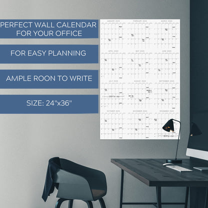 Simplified 2023 Yearly Wall Calendar - Double Sided Large 24" x 36” Calendar For Easy Vertical or Horizontal Yearly Planning - The Perfect Minimalist Calendar For Your Office & Home Wall black/white