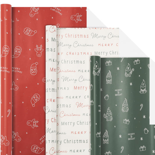 Beautiful Christmas Gift Wrapping Paper Rolls - Set of 3 Quality Paper Rolls With Cute Designs For Small & Medium Size Gifts - Add a Touch of Magic to Every Gift You Wrap - 17 in x 120 in Per Roll