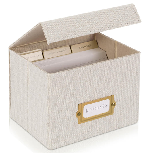 ZICOTO Beautiful Linen Recipe Box - Fits 4x6 inch Recipe Cards to Easily Organize Up to 250 Recipes - A Sturdy Card Holder and Great Gift that Perfectly Fits into Any Kitchen - Cards Not Incl.