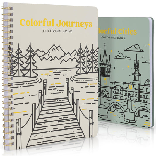 Beautiful Adult Coloring Book Set of 2 for Relaxation - Inspirational Adventures and Landmarks Scenery For the Spirit of Wanderlust - Perfect Stress-Relieving Gift for Women