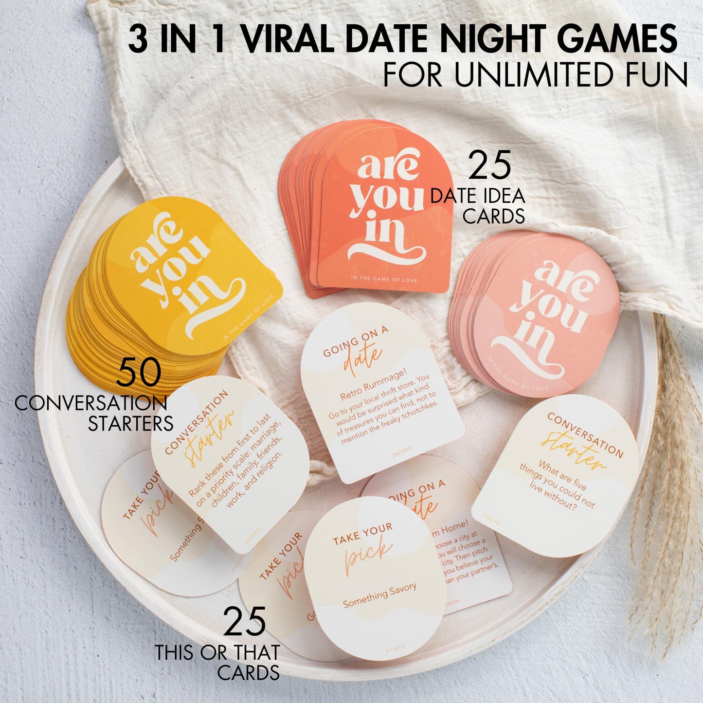 ZICOTO 100 Date Ideas and Couples Game Cards - Set of 3 Unique Games for Your Girlfriend, Boyfriend, Wife/Husband, Her/Him as a Gift for Christmas - 25x Date Night Cards, 50x Conversation Starters