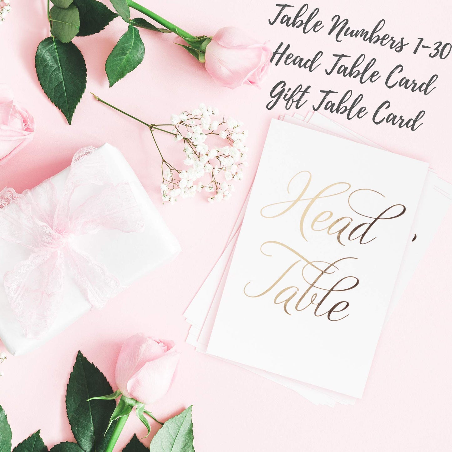 Gorgeous Wedding Table Numbers - Elegant Double Sided Rose Gold Foil Lettering with Head and Gift Table Card - 4 x 6 inches and Numbered 1-30 - Perfect for Weddings and Events