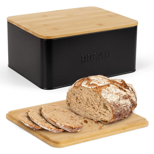 Beautiful Bread Box With Wooden Lid For Your Kitchen Countertop - Spacious Container Perfectly Stores Your Homemade Bread, English Muffins & Bagels - Quality Cutting Board Lid Keeps Your Bread Fresh