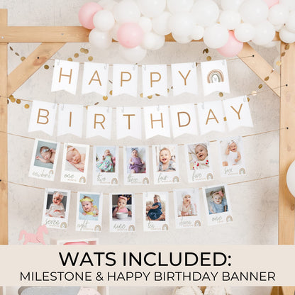 Beautiful 1st Birthday Photo Banner Set From Newborn to 12 Months - The Perfect Party Decoration for Your Baby Girls First Birthday Party - 13 Reversible Milestone Cards From Newborn to 13 Years