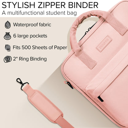 Sturdy 3 Ring Zipper Binder with Shoulder Strap for School - Beautiful 2 Inch Zip Up Binder with Extra Pockets Holds 500 Sheets, Books & Laptop - Easy to Carry Binder Made of Durable Premium Fabrics